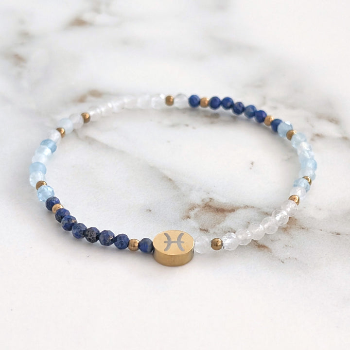 Moonstone, Lapis Lazuli and Aquamarine Pisces Zodiac Gemstone Bracelet 