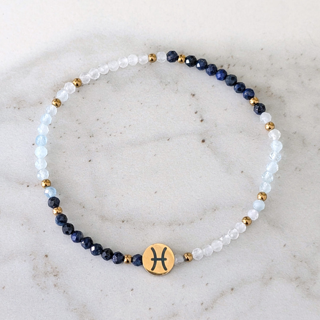 Moonstone, Lapis Lazuli and Aquamarine Pisces Zodiac Gemstone Bracelet 