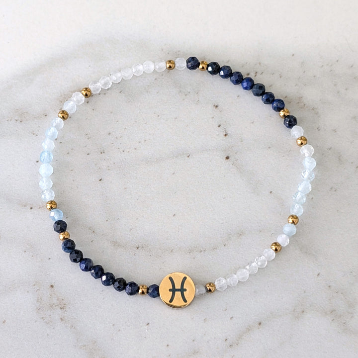 Moonstone, Lapis Lazuli and Aquamarine Pisces Zodiac Gemstone Bracelet 