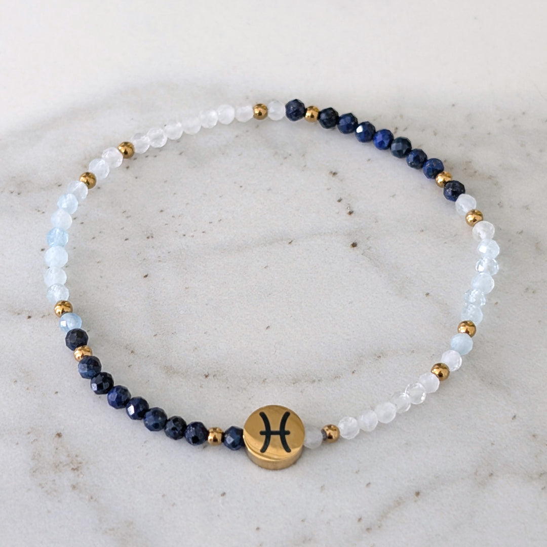 Moonstone, Lapis Lazuli and Aquamarine Pisces Zodiac Gemstone Bracelet 