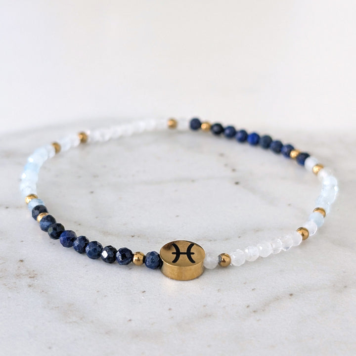 Moonstone, Lapis Lazuli and Aquamarine Pisces Zodiac Gemstone Bracelet 