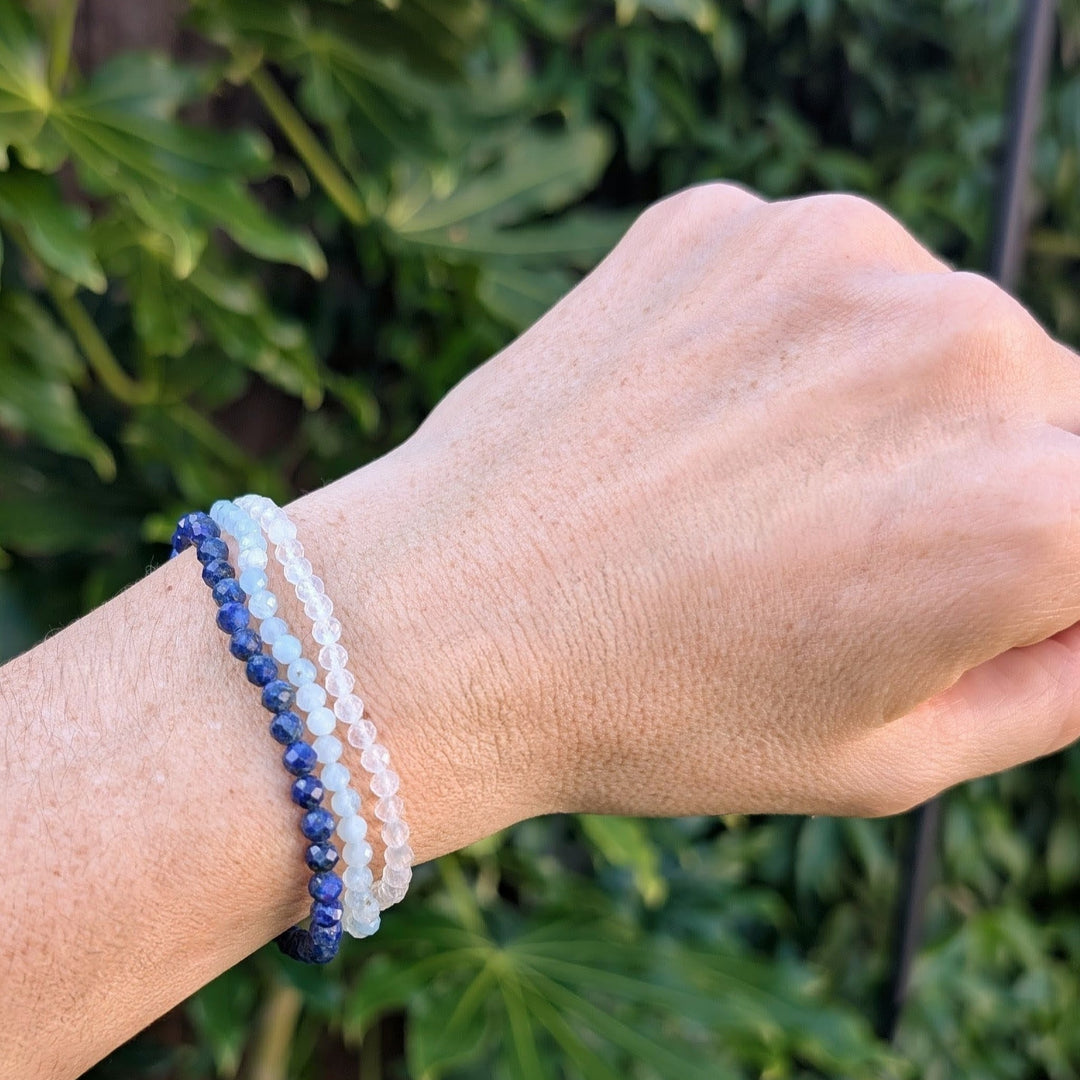 Pisces gemstone bracelet set comprising moonstone, aquamarine and lapis lazuli bracelets. 