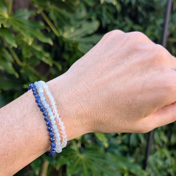 Pisces gemstone bracelet set comprising moonstone, aquamarine and lapis lazuli bracelets. 