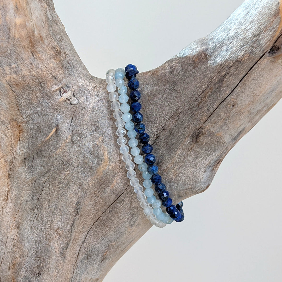 Pisces gemstone bracelet set comprising moonstone, aquamarine and lapis lazuli bracelets. 