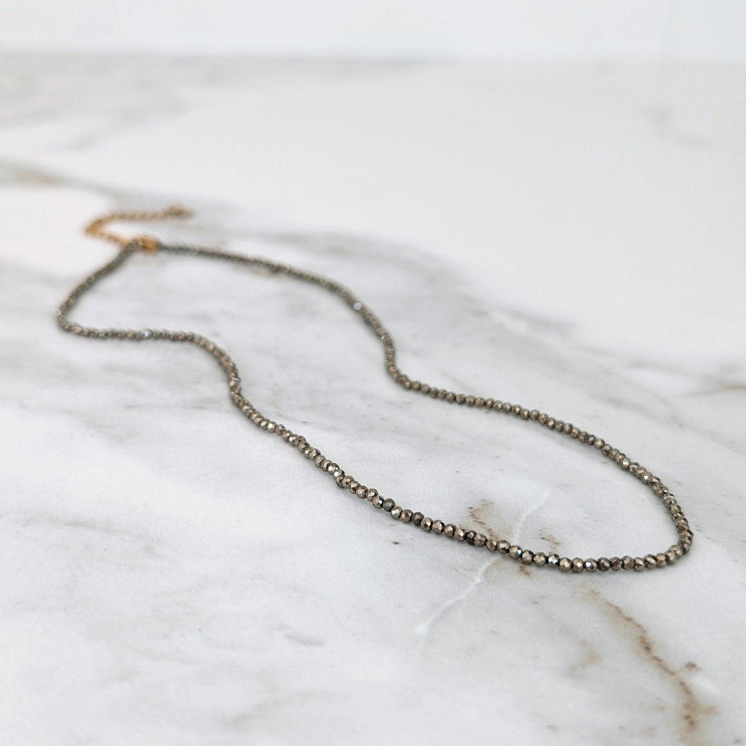 Pyrite Skinny Gemstone Beaded Necklace, 2mm Faceted