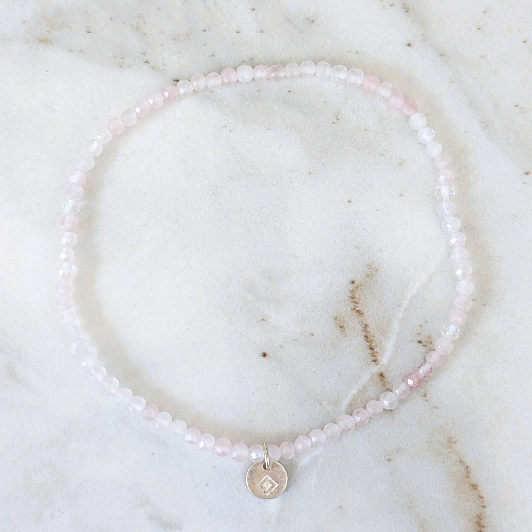 skinny rose quartz 2mm faceted bead gemstone bracelet