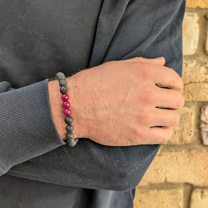 black and red men's ruby and lava bead July birthstone gemstone bracelet 