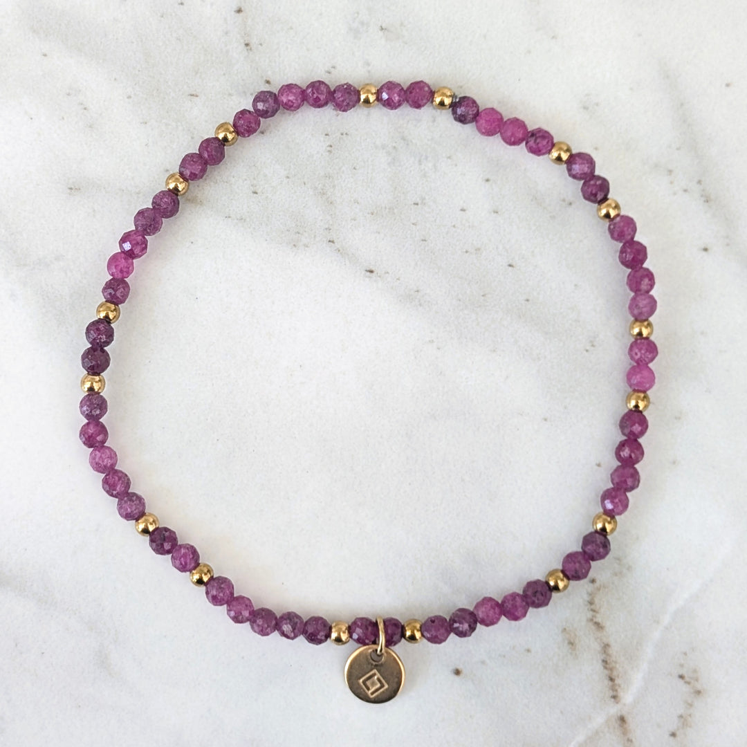 Ruby July birthstone gemstone and gold bead bracelet 
