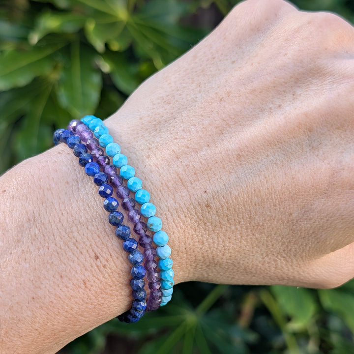 Sagittarius gemstone bracelet set comprising lapis lazuli, turquoise and amethyst 4mm faceted bead gemstone bracelets. 