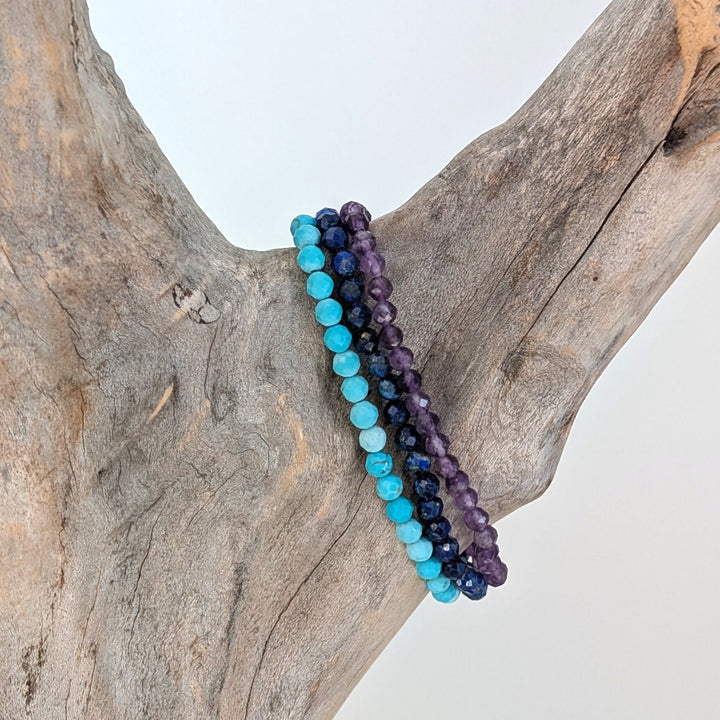 Sagittarius gemstone bracelet set comprising lapis lazuli, turquoise and amethyst 4mm faceted bead gemstone bracelets. 