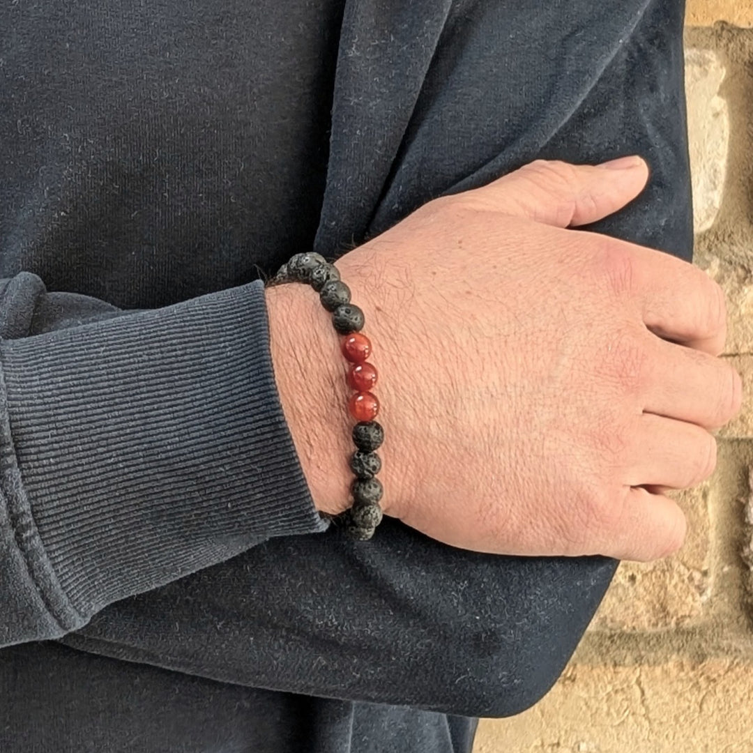 black and red sardonyx and lava stone August men's birthstone bracelet 
