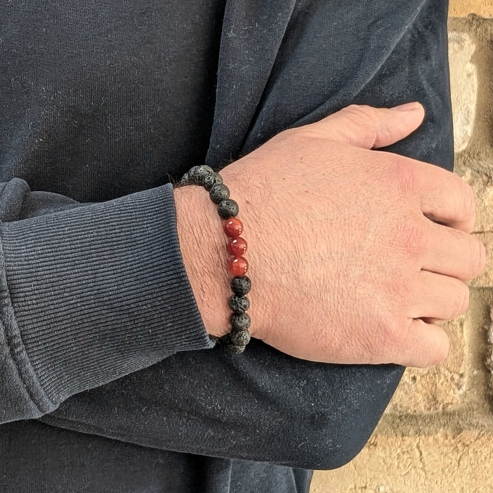 black and red sardonyx and lava stone August men's birthstone bracelet 