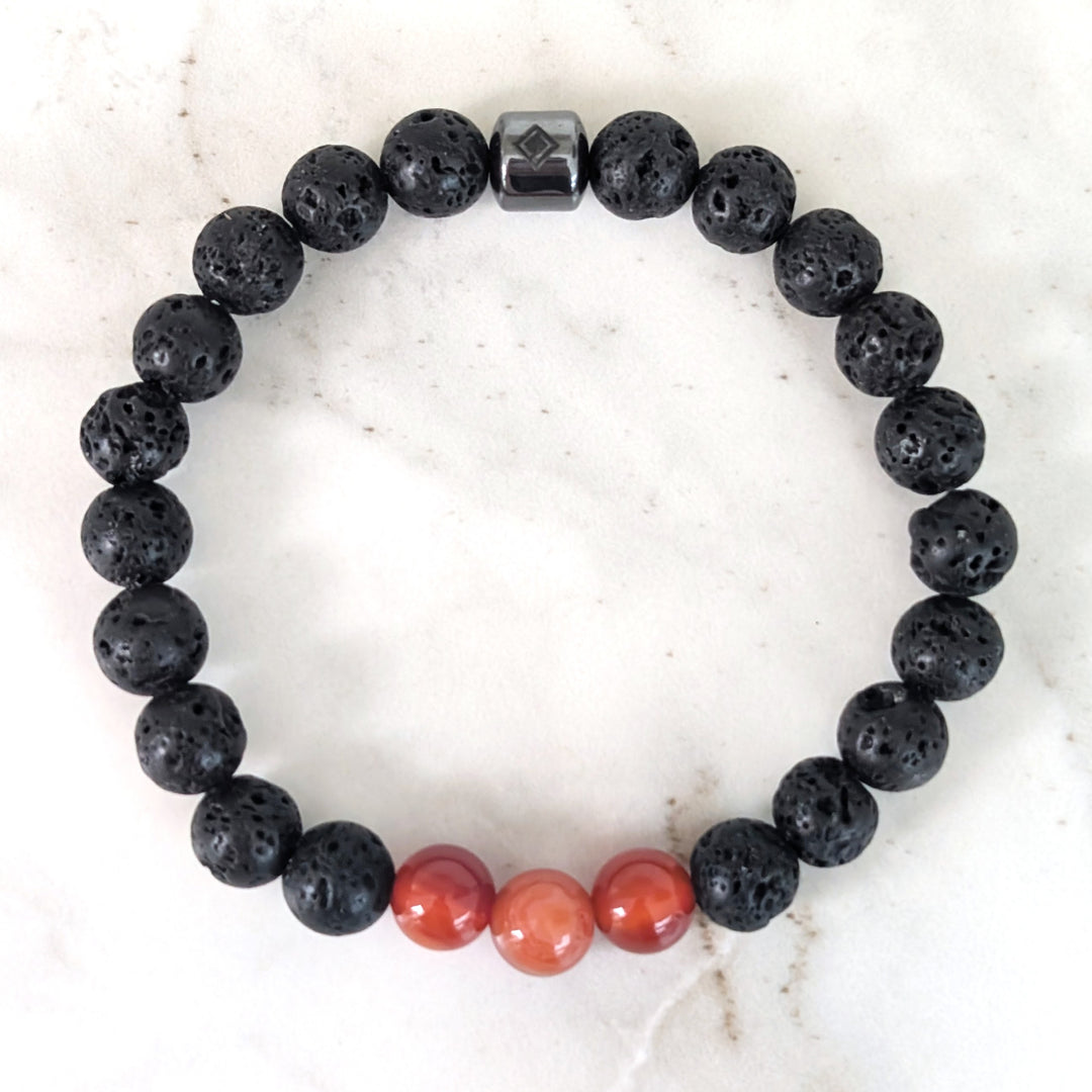 black and red sardonyx and lava stone August men's birthstone bracelet 