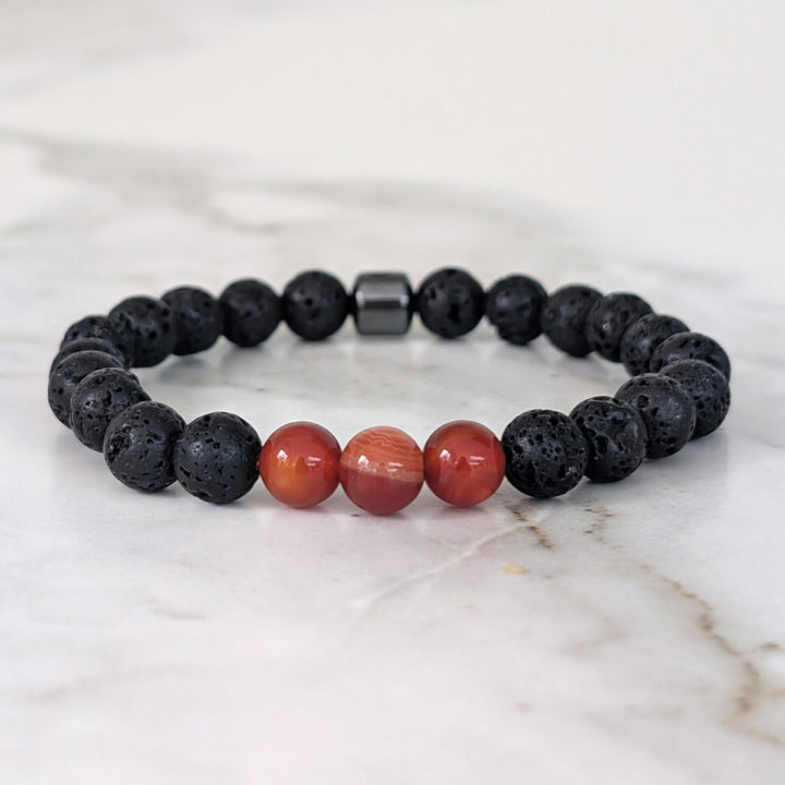 black and red sardonyx and lava stone August men's birthstone bracelet 