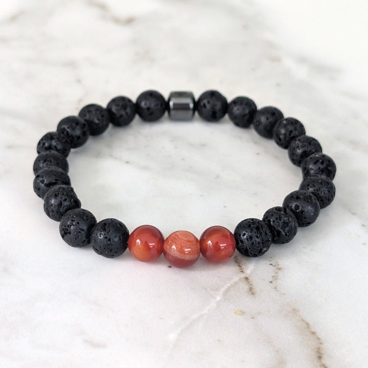 black and red sardonyx and lava stone August men's birthstone bracelet 