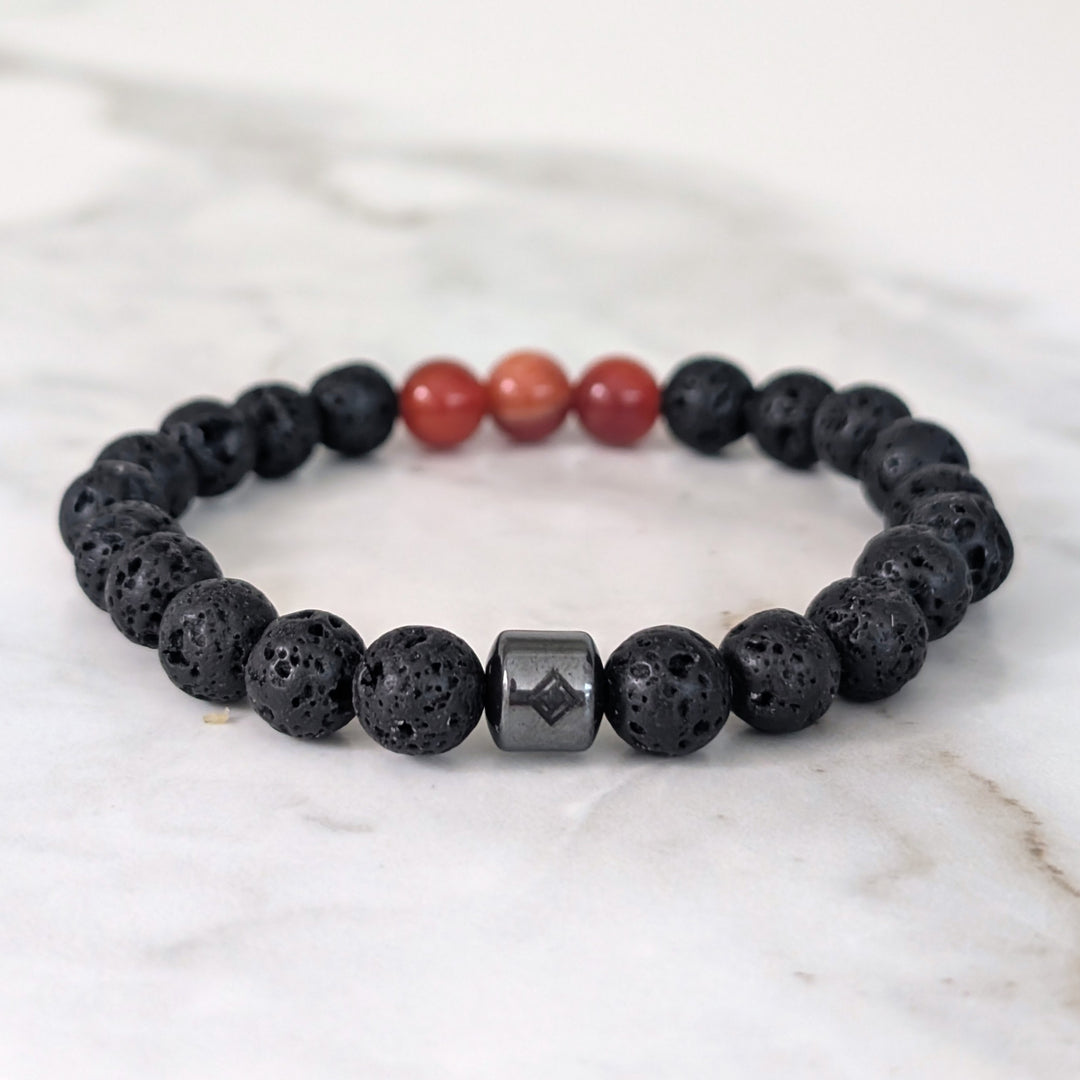 black and red sardonyx and lava stone August men's birthstone bracelet 