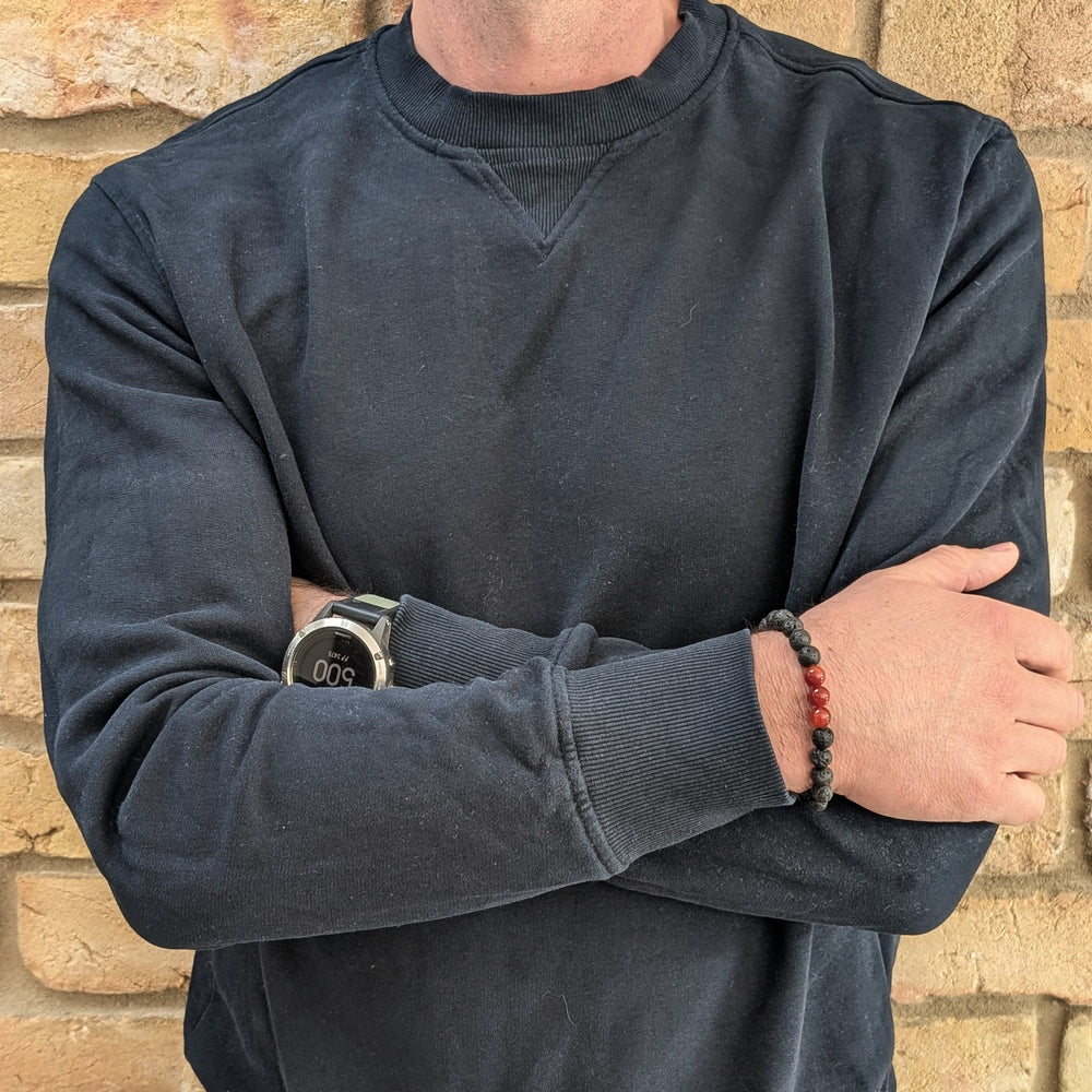 black and red sardonyx and lava stone August men's birthstone bracelet 