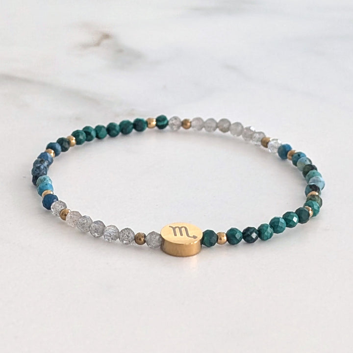 Scorpio malachite, labradorite and chrysocolla gemstone bracelet