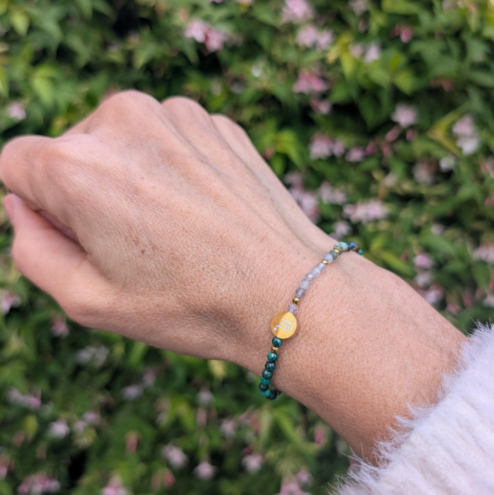 Scorpio malachite, labradorite and chrysocolla gemstone bracelet