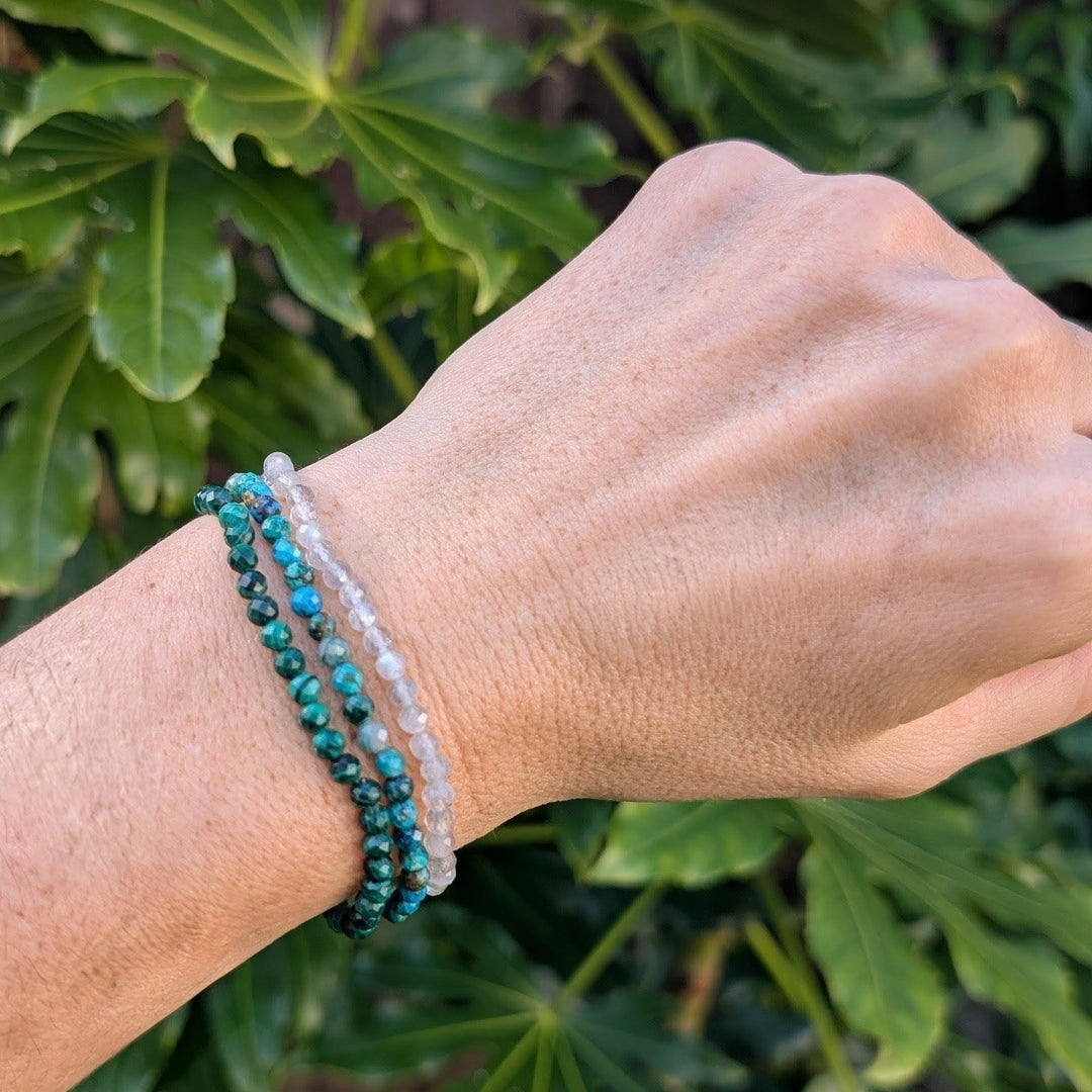 Scorpio gemstone bracelet set comprising labradorite, chrysocolla and malachite gemstone bracelets. 