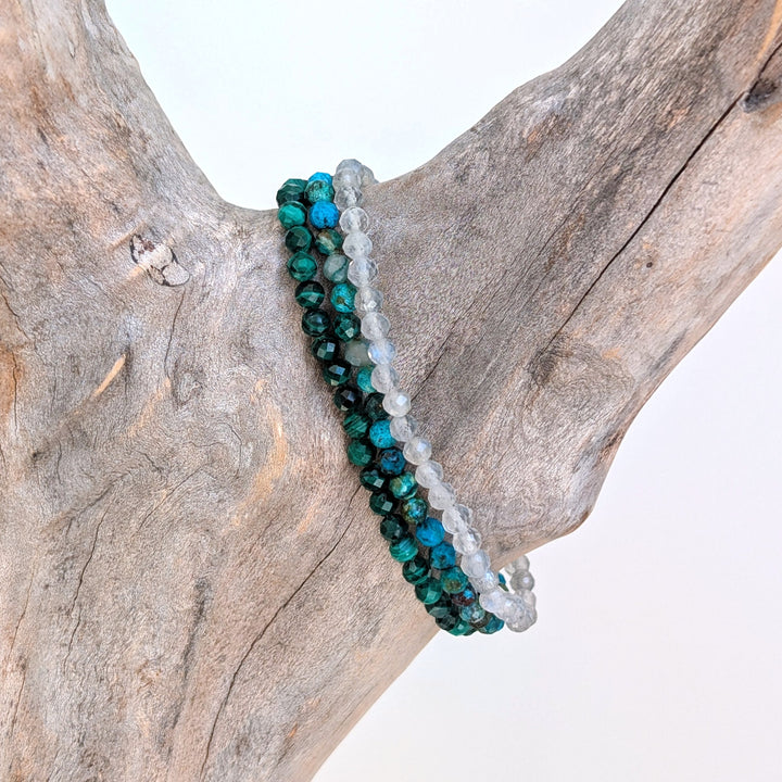 Scorpio gemstone bracelet set comprising labradorite, chrysocolla and malachite gemstone bracelets. 