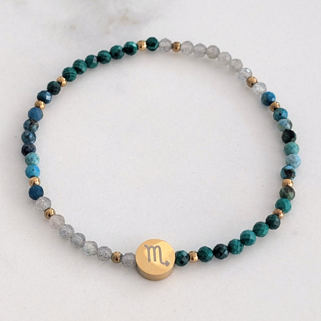 Scorpio malachite, labradorite and chrysocolla gemstone bracelet