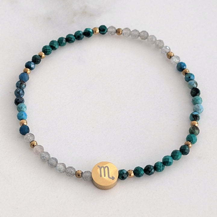 Scorpio malachite, labradorite and chrysocolla gemstone bracelet