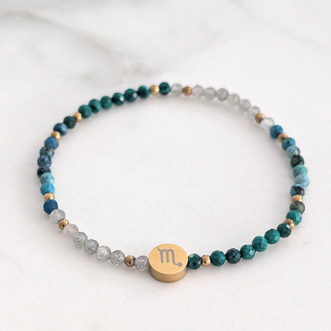 Scorpio malachite, labradorite and chrysocolla gemstone bracelet