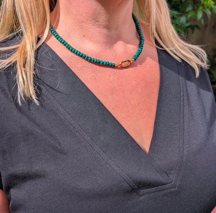 malachite gemstone necklace with gold oval clasp