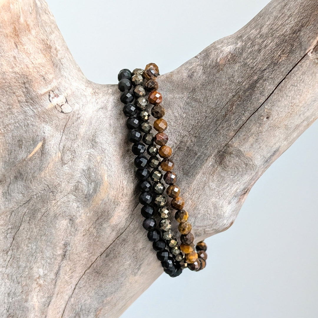 Lapis London - Strength, Confidence and Protection Gemstone Bracelet Set.  Pyrite, Tiger's Eye and Obsidian Gemstone Bracelets. 