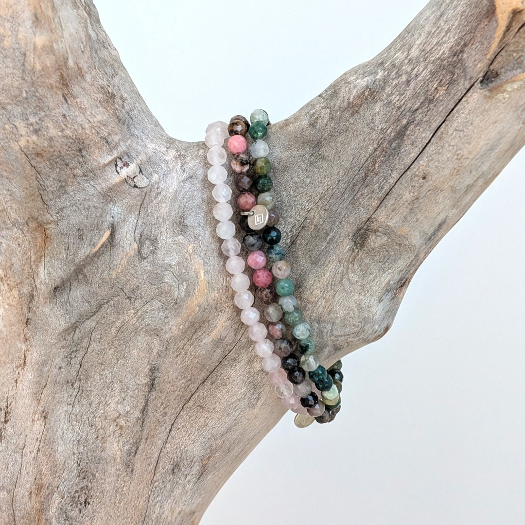 Taurus zodiac gemstone bracelet set comprising rose quartz, rhodonite and moss agate beaded bracelets