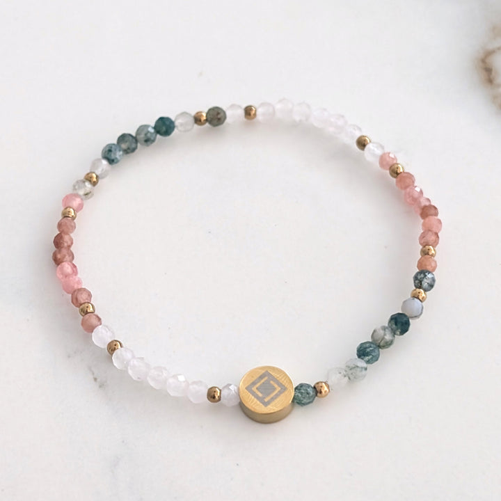 rose quartz, rhodonite and moss agate Taurus zodiac gemstone bracelet 