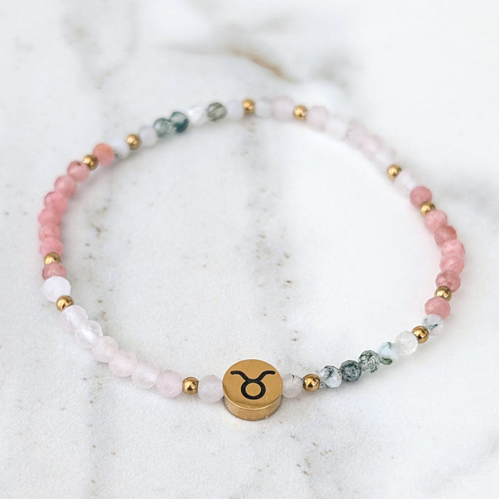 rose quartz, rhodonite and moss agate Taurus zodiac gemstone bracelet 