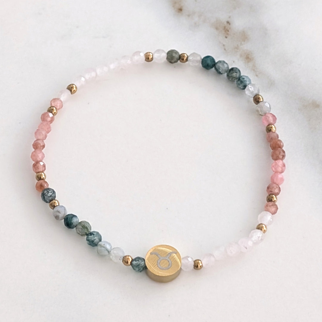 rose quartz, rhodonite and moss agate Taurus zodiac gemstone bracelet 