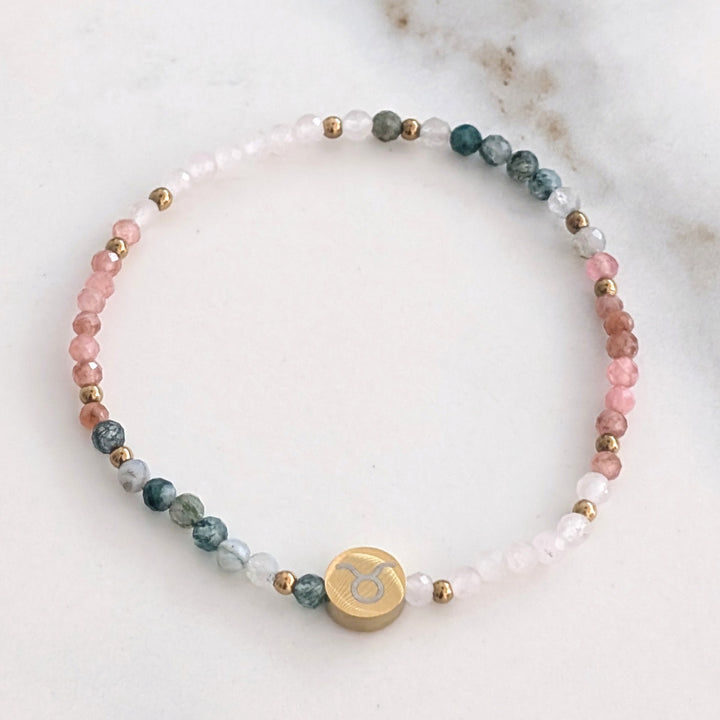 rose quartz, rhodonite and moss agate Taurus zodiac gemstone bracelet 