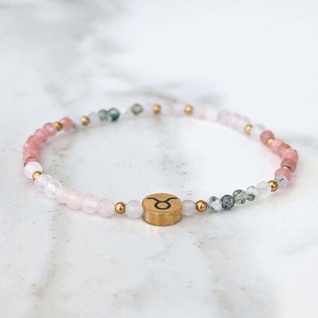 rose quartz, rhodonite and moss agate Taurus zodiac gemstone bracelet 