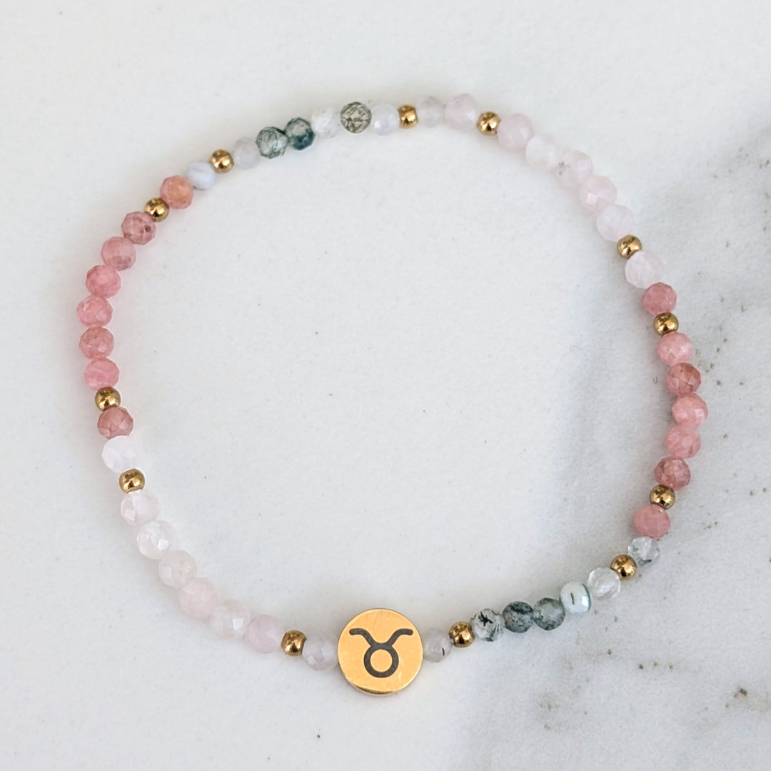 rose quartz, rhodonite and moss agate Taurus zodiac gemstone bracelet 