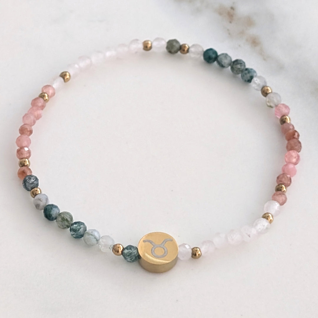rose quartz, rhodonite and moss agate Taurus zodiac gemstone bracelet 