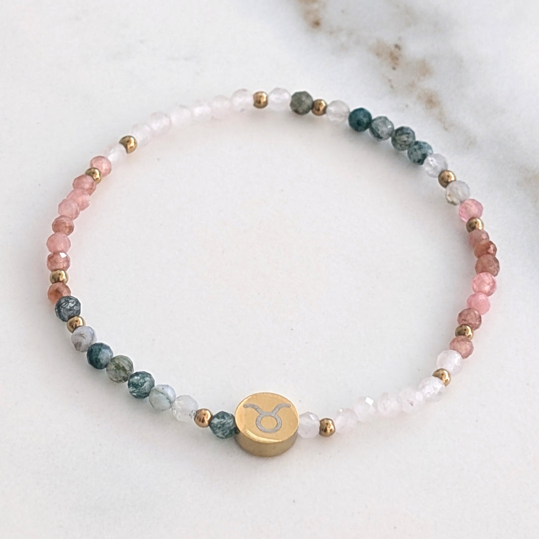 rose quartz, rhodonite and moss agate Taurus zodiac gemstone bracelet 