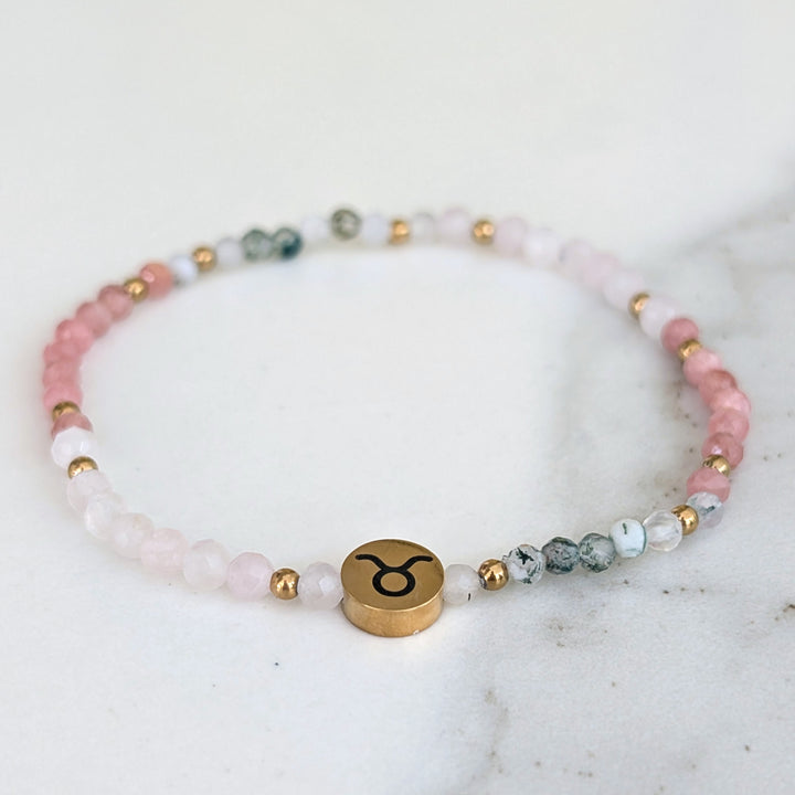 rose quartz, rhodonite and moss agate Taurus zodiac gemstone bracelet 