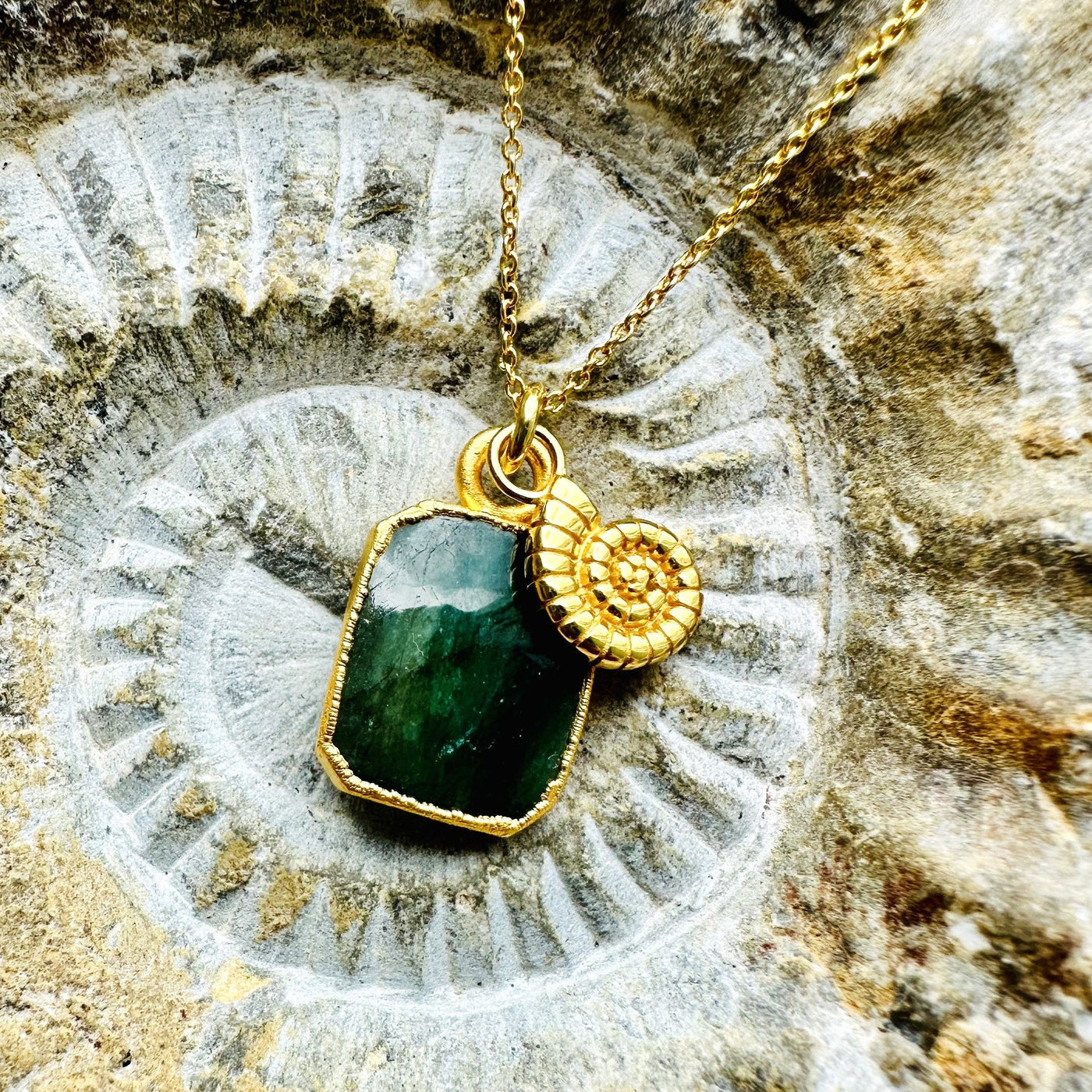 The Duo Emerald and Charm Gemstone Necklace - Gold Plated