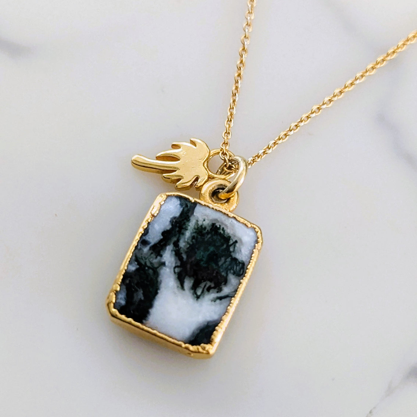 Gold tree agate and palm tree charm gemstone pendant necklace