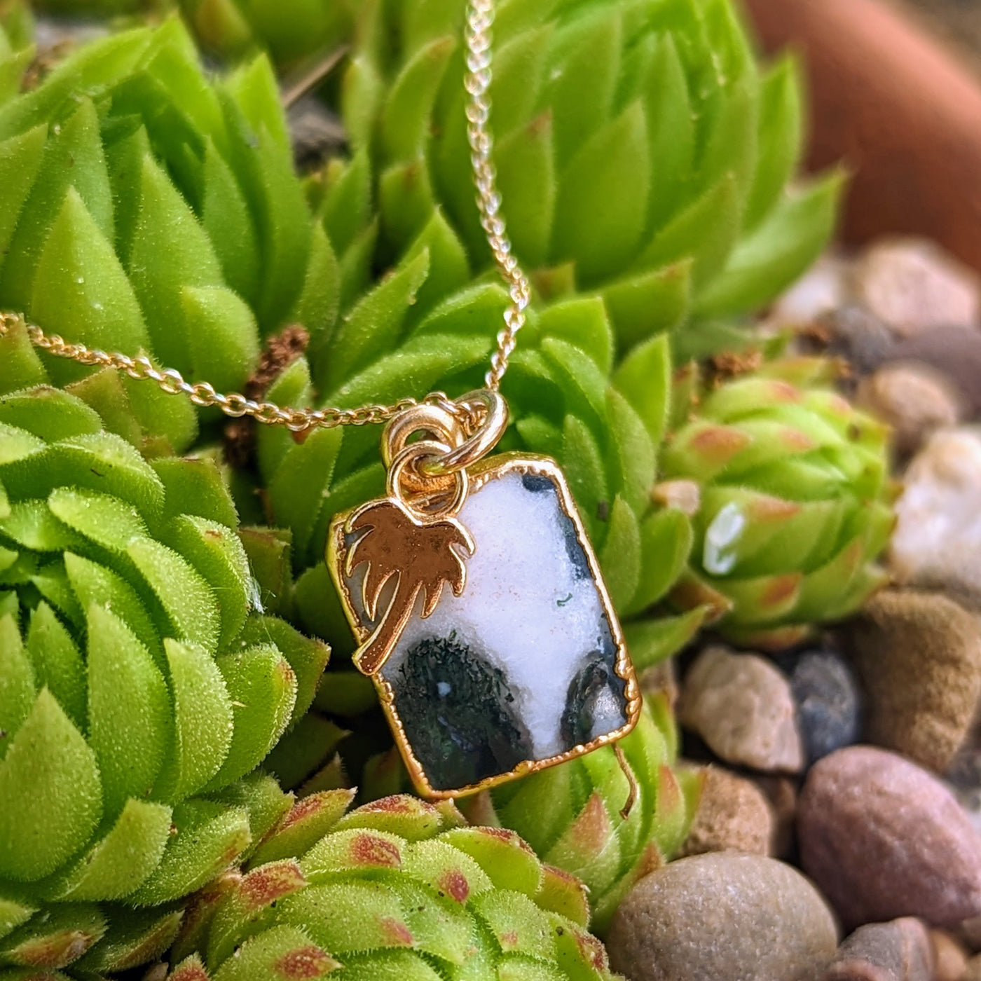Gold tree agate and palm tree charm gemstone pendant necklace