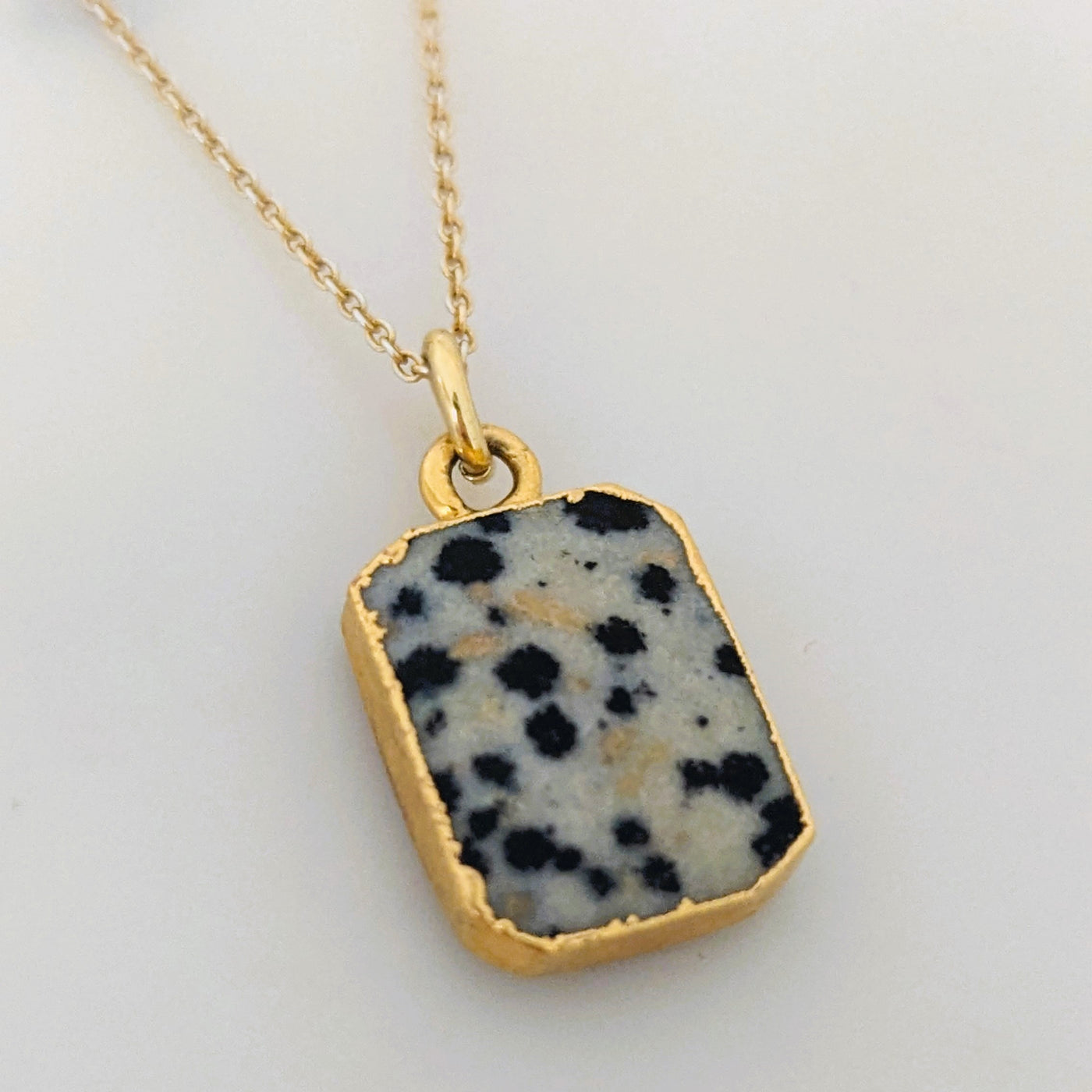 Dalmatian Jasper gold plated rectangular pendant necklace