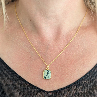The Rectangle Dalmatian Jasper Gemstone Necklace - Gold Plated