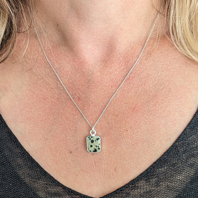 Silver dalmatian jasper rectangular pendant necklace 