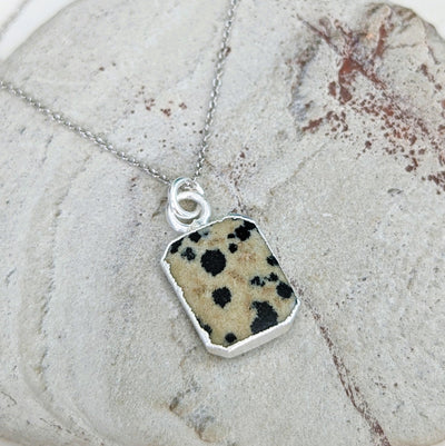 Silver dalmatian jasper rectangular pendant necklace