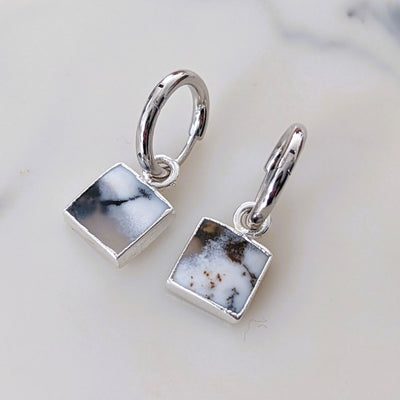 Sterling silver dendritic agate gemstone charm hoop earrings
