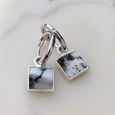 Sterling silver dendritic agate gemstone charm hoop earrings