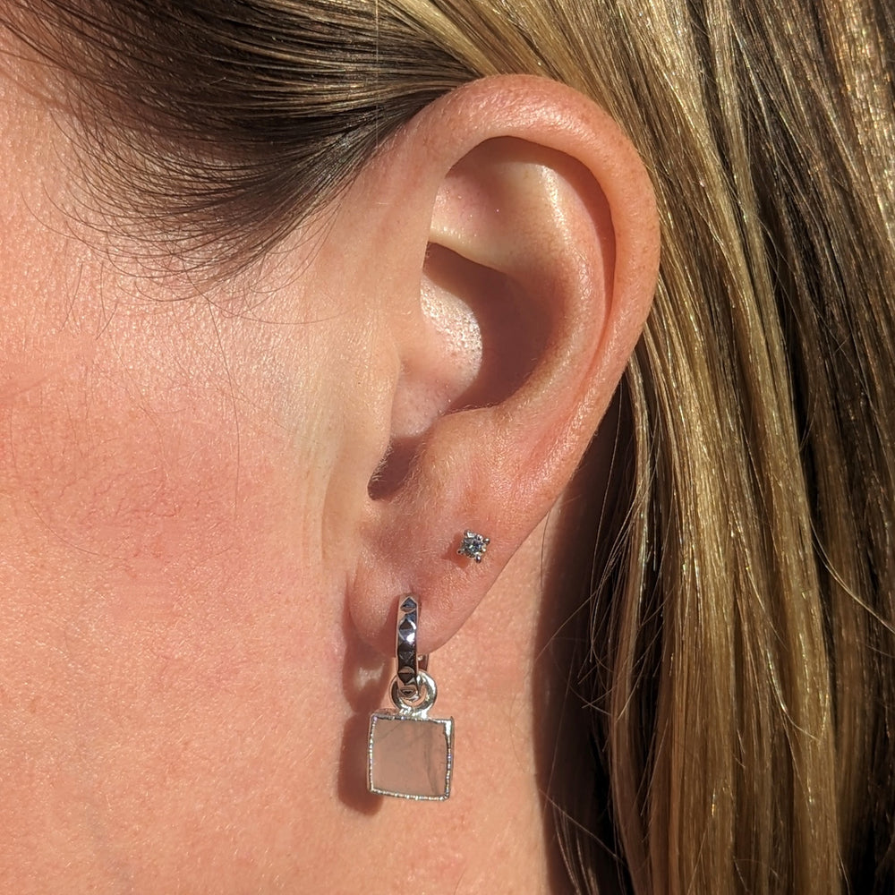sterling silver rose quartz square charm hoop earrings